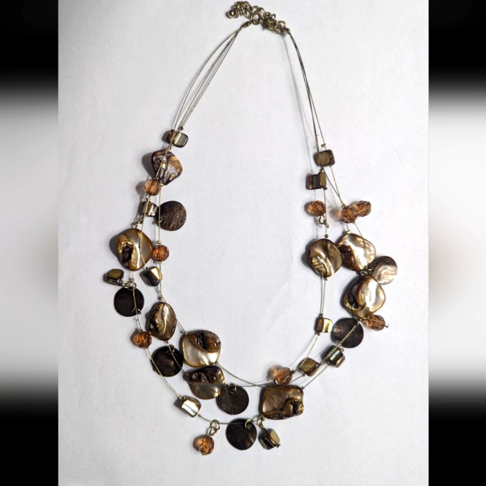 Abalone Statement Silver Necklace Multi Strand Ch… - image 1